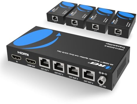 OREI 4K 1x4 HDMI Extender Splitter Over CAT6 Cable 230ft, Loop Out EDID POC | HDMI Extender Splitter 1 in 4 Out – HDMI 2.0b, HDCP 2.2, 18Gbps, HDR10+, Dolby Vision, HLG DTS-HD Master Audio Compact Design