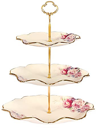fanquare Alzata per Torta in Porcellana a 3 Piani, Piatti da Frutta a Forma di Loto con Montanti in Metallo per Compleanni, Matrimoni, Festa del Tè