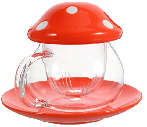 BESTonZON Jolie tasse à thé en verre en forme de champignon, théière transparente kawaii en céramique, tasse à cappuccino avec dessous de verre, couvercle de tasse, passoire à thé, 150 ml (rouge)