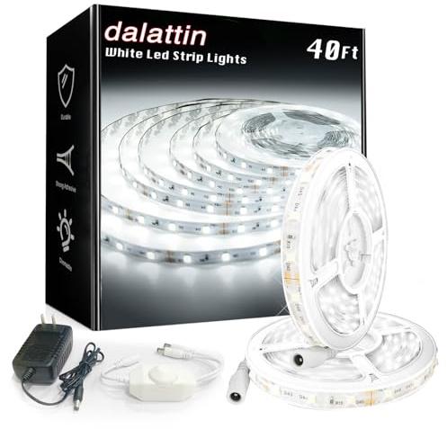 dalattin White LED Strip Lights, 40ft Dimmable LED Light Strip 6500K Bright Daylight White 24V, 720 LEDs 2835 Tape Lights for Bedroom, Kitchen, Mirror, Home Decoration(2 * 20ft)