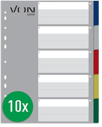 VON Leitz 10er Pack 12-teiliges Register A4, Blanko Trennblätter für Ordner, PP, Extra breit, 11-Loch-Universalregister für Schnellhefter & Ringbücher, Mehrfarbig, 12280000
