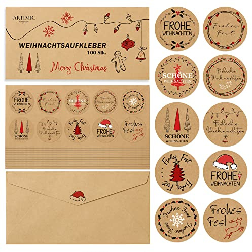 BIROYAL Aufkleber Weihnachten 100 Stk. – 10 Motive Weihnachtssticker Selbstklebend – 4cm Christmas Rund Handmade Label, Frohe Weihnachten Aufkleber für Weihnachtsdeko, Geschenke & Adventskalender