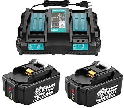 2 Stück BL1850B 18V 5,0Ah mit Ladegerät DC18RD Dual Port Schnellladegerät 14,4V~18V kompatibel für Makita 18.0V Akku BL1860 BL1830 DMR108 DMR110 DUH523Z DUC353Z DTD152Z DTD154Z