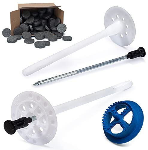 STRÜBER WDVS SET (Ø8x195mm Dämmstoffdübel mit Metalldorn 100St + Grau Styropor Rondelle 100St + Styroporfräser 1St) Satz für Fassadendämmung Wärmedämmung EPS Abdeckkappen Tellerdübel mit Stahlnagel