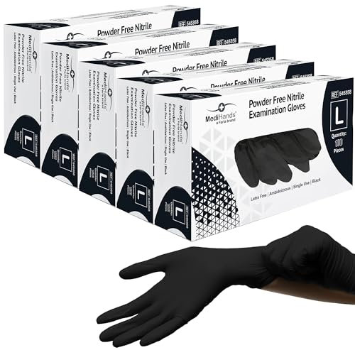 Farla Medical MediHands Disposable Large Nitrile Gloves - Powder Free and Latex Free Surgical Gloves - Multi-Purpose, Single Use Medical Gloves - Box of 500, Black