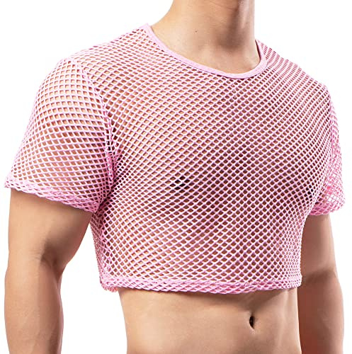 YOOBNG Men's Fishnet Crop Tops Mesh T Shirt See Through Undershirt Nightwear Sheer Shirt