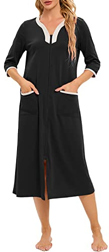 Verve Jelly Women's Zipper Robes 3/4 Sleeve Floral Print Bathrobe Lightweight Housecoats with Pockets Ladies Loungewear
