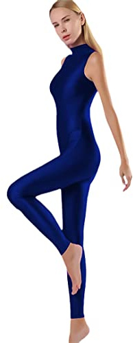 Damen Body Spandex Bodysuit High Neck Ärmellos Rücken Reißverschluss Ballerina Aerial Yoga Body, dunkelblau, 36