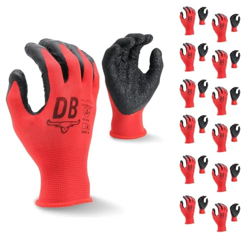 Durabull Arbeitshandschuhe für Herren - 12 Paar. Latexhandschuhe, für Gartenarbeit, mechanische Werkstatt, und professionellen Gebrauch. Wasserdichte Arbeitshandschuhe - (Größe 11, Rot)