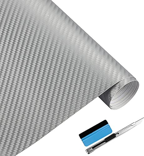 NewL Rollo de Vinilo de Fibra de Carbono 3D con Película Adhesiva Sin Burbujas y Herramientas de Instalación (Plata, 45cm x 150cm) | Vinilo fibra carbono 3D mate texturizado, kit instalación incluido, adhesivo reposicionable, para coches, motos y muebles