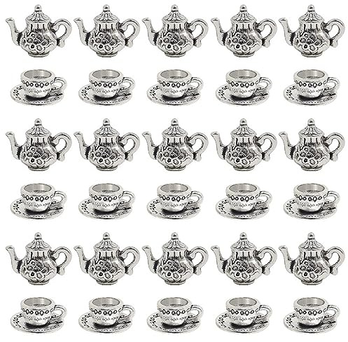 JKJF 30 Pcs Metal Teapot Tea Cup Charms Pendants Mini Coffee Mug Pendants Vintage Tea Kettle Charms Bulk Pendant for DIY Crafts Bracelet Earrings Necklace Jewelry - Silver