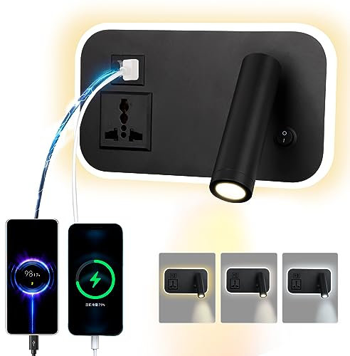 uksunvi LED Leselampe Wandlampe Mit Universalsteckdose USB Type-C-Zwei AufladungMund Schalter Verstellbarer 12W 3000K Wandleselampe Aluminium Bettlampe Drehbar (Rechteck schwarz)