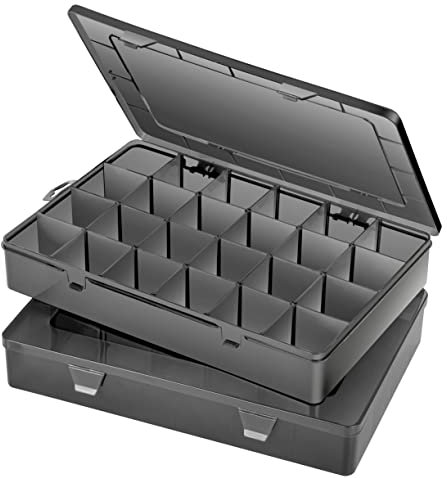Gbivbe 2 Pezzi Scatola di Plastica con Coperchio, Nero Grandi Contenitore Plastica con 24 Scomparti Regolabili, Scatole Organizer per Riporre Viti, Gioielli, Orecchini e Altri Piccoli Oggetti