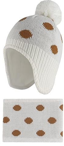 LACOFIA Baby Mädchen Wintermütze und Loop Schal Set Kleinkind Winter Warme Earflap Beanie Hut Kinder Fleece Futter Strickmützen und Schlauchschal Set Weiß 2-4 Jahre L