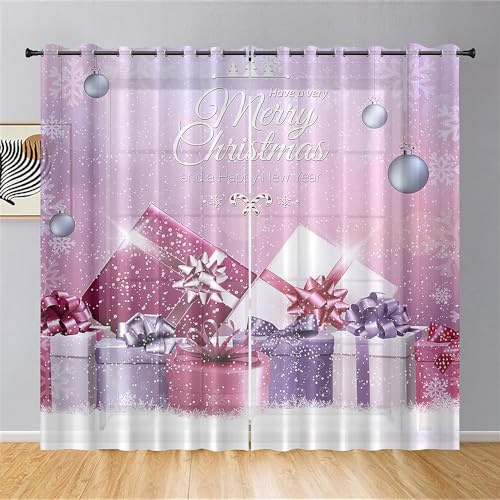Hiseng Voile Vorhänge mit Ösen, Gardinen Halbtransparent 2er Set, Vorhang Gardinenschals Ösenschal Gardinen Wohnzimmer 3D-Weihnachtsdruck Curtains mit Schlaufen (140x160cm,Lila Geschenkbox)