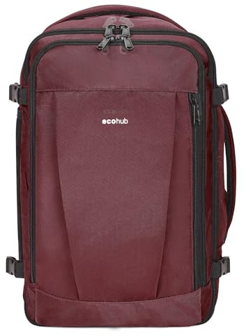 ECOHUB 30L Mochila 45x36x20 Easyjet, Mochila Viaje Cabina Avion con 13 Bolisillos, Debajo del Asiento Mochila Equipaje de Mano, Pet Reciclada Bolsa de Viaje Hombre Mujer, Patentado(Rojo)