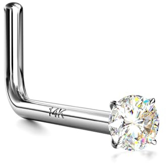 BUTADR 14K Real White Gold Nose Studs, 20G Solid White Gold L Shaped Nose Rings, Simulated Diamond CZ Hypoallergenic Nose Piercings for Women Men 20G 1.5MM