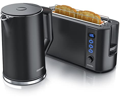 arendo Ensembles Bouilloire et Grille-Pain en Set, Bouilloire en INOX 1,5L 40°-100°C, Grille-Pain 2 Tranches Ecran LED 6 Niveaux de brunissage Support viennoiserie, Noir