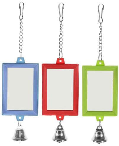 Yardwe 3 Espejos Dobles para Pájaros con Campana y Gancho, Juguetes Interactivos para Loros y Periquitos, Fácil Instalación en Jaulas, Material Plástico y Cristal Color Aleatorio