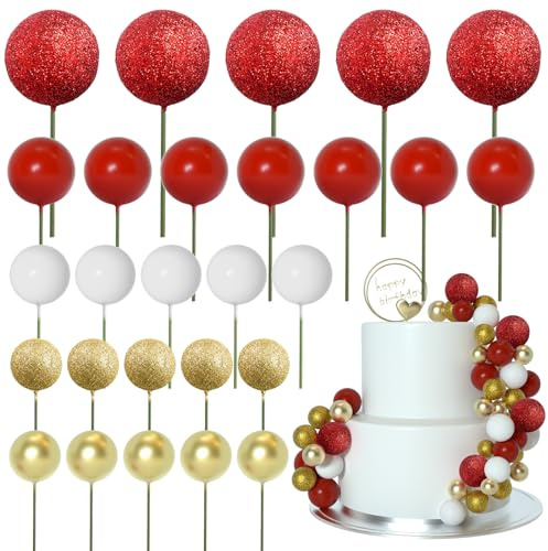 ASTARON 50 Stück Tortendeko Kugeln Cake Topper, Mini-Ballons Tortenaufleger für Hochzeit Party Babyparty Geburtstag Torte Dekorieren(Gold, rote Serie)