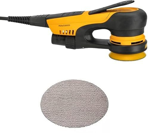 Mirka DEROS II 350 Exzenter-Schleifer Schleifmaschine mit Absaugung für Ø 77mm Schleifpapier / 5,0mm Hub Exzenterschleifmaschine + Mirka Abranet Netz-Schleifscheiben Ø 77 mm Klett/Korn P120 / 50 Stk