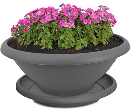 Pflanzkübel und Untersetzer als wetterfeste Pflanz-Schale mit Loch - runder 40 cm Pflanztopf in grau als frostsicherer Blumenkübel für außen - großer Pflanzentopf als Grab-Schmuck Blumentopf