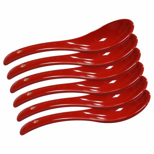 Lotatheta Porzellan-Suppenlöffel aus Keramik, rund, asiatische Reislöffel, chinesische Won Tonne, Löffel für Zuhause, Küche, Restaurant, Rot, 6 Stück
