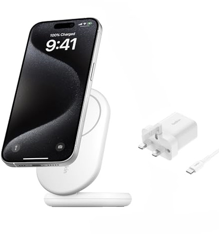 Belkin BoostCharge MagSafe Charger, Magnetic Foldable Wireless Charging Stand 15W, MagSafe-Compatible Portable Fast Charger for Qi2, iPhone 17, Air, Pixelsnap, Standy Mode Ready, PSU Included - White