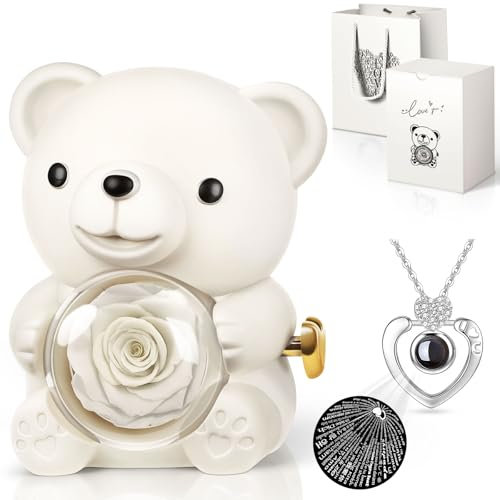 Hnustbo Ewige Rose Bär Geschenkbox mit I Love You Halskette, Konservierte Rose Blumen Geburtstag Geschenke für Frauen Freundin Mutter Frau Muttertagsgeschenk Geschenk Weihnachten