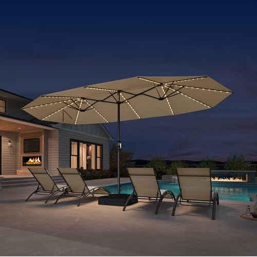 PURPLE LEAF Sonnenschirm 455 x 270 cm mit LED Aluminiumgestell, Beige | Gleichmäßige 132 Solar-LEDs, UV-Schutz Polyester, inkl. Sandsack, Doppelsonnenschirm Stabiler Rostschutz-Rahmen