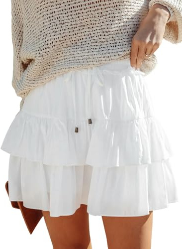 Aoudery Flowy Shorts for Women Boho Ruffled Tiered Skorts Casual High Waist Mini Skirts Tennis Golf Comfy Shorts 2026 - A White S
