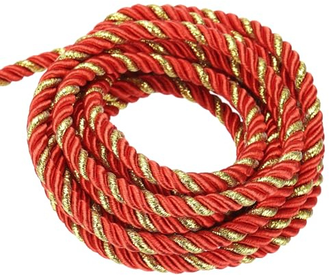 QUARKZMAN Corda Intrecciata in Poliestere 15m, 5mm 3 Strati Cordino Decorativo Ritorto Flessibile Brillante per Tenda Artigianato Regalo Borsa Decorazioni Natalizie, Rosso e Oro - 16ft