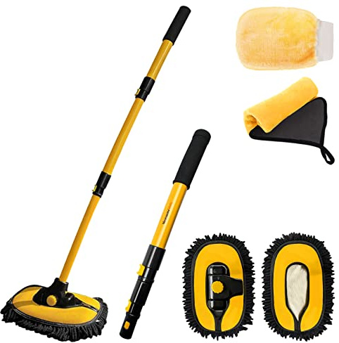 YeewayVeh 5PCS Car Wash Brush with Long Handle, 15° Curved Car Wash Mop with 2 Chenille Mop Heads, Car Washing Brush Kit with Car Wash Mitt and Towel for RV Truck Camper Cleaning, Yellow