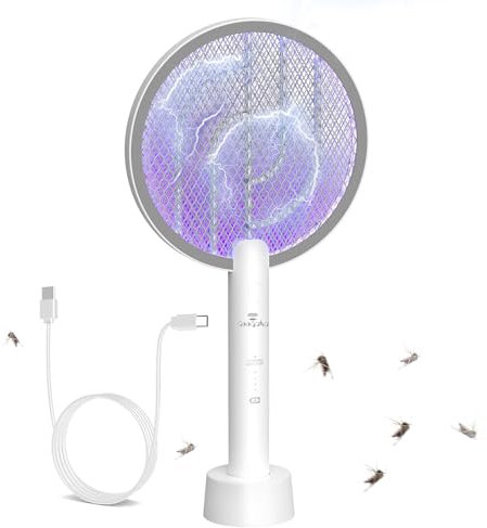 GooQand 1 Pezzi LED Racchetta Zanzare Elettrica, 4000V Ricaricabile 2-In-1 Racchetta Zanzare Elettrico con USB, Protezione Maglia a 3 Strati, Adatto per Campeggio Interni ed Esterni Bianco