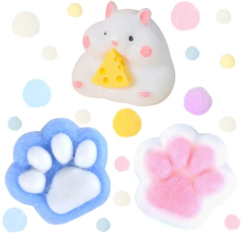 SSKHE Squishy Katzenpfote & Hamster Spielzeug, Stressreduzierend, Tragbar, für Kinder & Erwachsene, Blau/Weiß/Rosa, Tier, Squishy, 7 x 7 x 3 cm, 3 Stück
