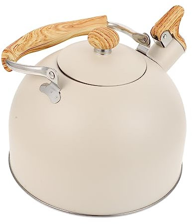MOLUCKFU Edelstahl Wasserkocher Mit Holzgriff Pfeifkessel Für Herdplatte Sicherer Signalton Großer Ausguss Hitzeisolierend Beige Langlebig Und Komfortabel Für Haushalt
