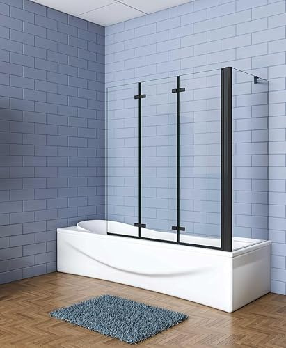 Aica Sanitär Badewannenaufsatz Eck Duschwand Badewanne 3-tlg.Faltwand mit Seitewand 6mm Nano Glas,H140cm,130x70cm,Schwarz Rahmens,Klarglas
