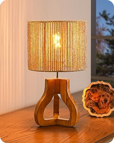 EDISHINE Small Table Lamp, Rose Wood Tripod Nightstand Lamp, Handwoven Paper Rope Shade, 14.6 Rattan Bedside Lamp for Bedroom Living Room, Office, On-Off Line Switch, E26 Base(Bulb Not Included)