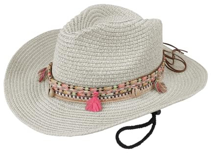 Faxianther Unisex Cowboyhut Strohhut Damen Herren Sonnenhut Sommer Strandhut Panamahut Traveller Hut UV-Schutz Westernhut Mit Quaste Sommerhut Jazz Hut Verstellbare Strandmütze (Beige)