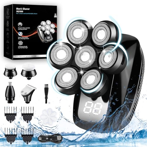 WISKEMA Kit per la cura degli uomini: rasoio 5 in 1 per barba e testa calva, testina rotante 7D galleggiante, impermeabile, bagnato/asciutto, ricarica rapida USB, nero