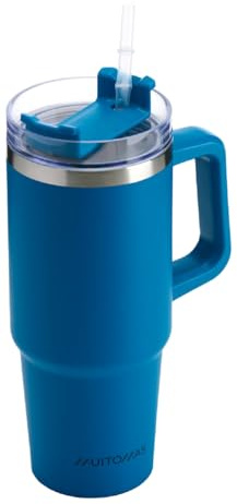 Tazza Termica da Viaggio in Acciaio con Cannuccia, per Bevande Calde e Fredde, 900 ml, Colore Blu Ottanio