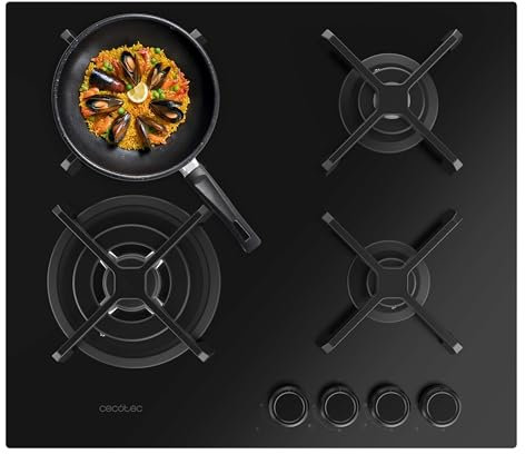Cecotec Placa de Gas de 4 Fuegos Bolero Squad G 4400S Nano Glass, 8kW, Nano Glass, Parrillas Hierro Fundido, Quemador WOK Triple, Encendido Electrónico, Seguridad Válvulas, accesorio conversión
