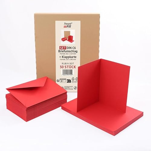 PresentFill 50er Set blanko Falt-Karten inkl. Briefumschläge ohne Fenster Rubin Rot I Klappkarten DIN A6 I Umschläge C6 I Made in Germany I 100% Recycling Kraftpapier I Blauer Engel zertifiziert