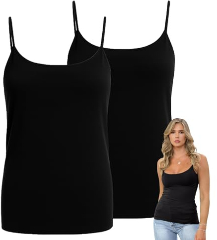 Hamishkane® Dam enkel bodycon cami rem ärmlösa linnen, förpackning med 2 smal passform rund hals väst toppar kvinnor Storbritannien, stretchig gymkläder, avslappnad sommar damer cami topp, Svart, 38