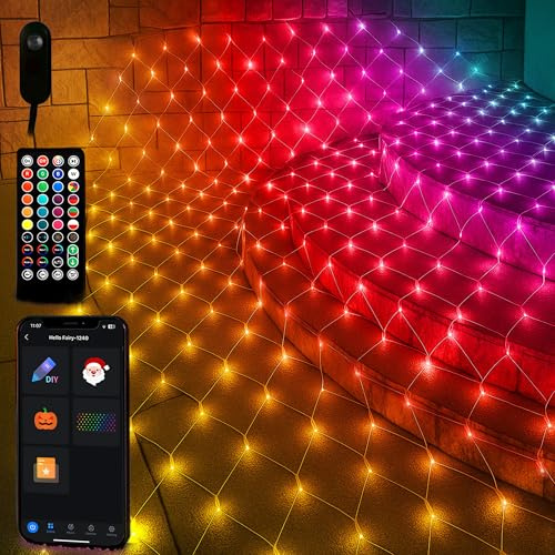 Smart Outdoor Net Lights 4*18ft with RGBW DIY Modes, 300 LEDs Christmas Net Lights with 100+ Preset Scenes and Timer Music Sync, Waterproof for Bushes Shrubs Tree Decoration, APP & Remote Control