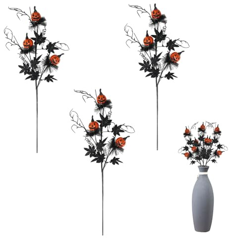 3 Bündel Halloween Deko Schwarz Kunstblumen mit Augäpfeln, Horror Künstliche Blumen Zweige Für Halloween Party Plastikblumen Faux Herbst Pflanzen, Blumenstrauß Für Haus Garten Tisch Deko (Kürbis)