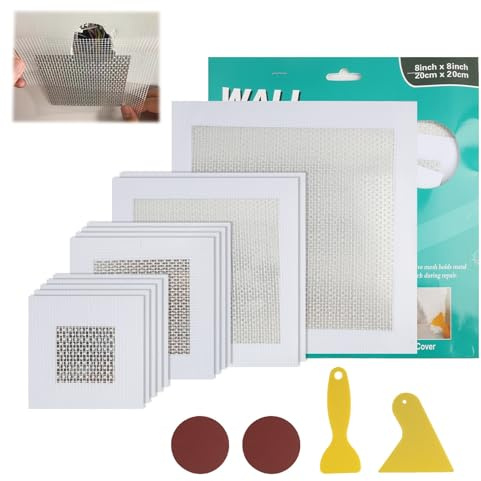 Eddrfy 14Pcs Wall Repair Patch Kit, 2/4/6/8 Inch Plasterboard Patches, Self-Adhesive Drywall Hole Repair Kit with Scraper and Sandpaper, Fiberglass Mesh Wall Mending Patch for Broken Walls