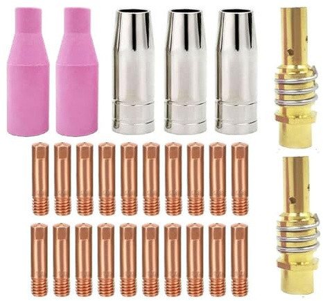 Helilyco MIG-Schweißbrenner-Zubehör-Set, kompatibel mit MB15, AK15 und Hitbox MIG200/250, inklusive 0,8 mm und 1,0 mm Kontaktspitzen, Gasdüsen, Steingutdüsen und Halterungen, 27-teilig