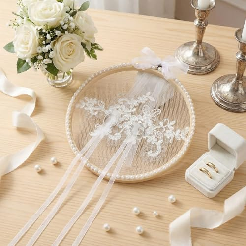 Novabright Wedding Ring Holder, 7 Inches Lace Pearl Wedding Ring Bearer Hoop Lace Pearl Ivory Jewelry Bearer Pillow for Engagement Ceremony Proposal Party