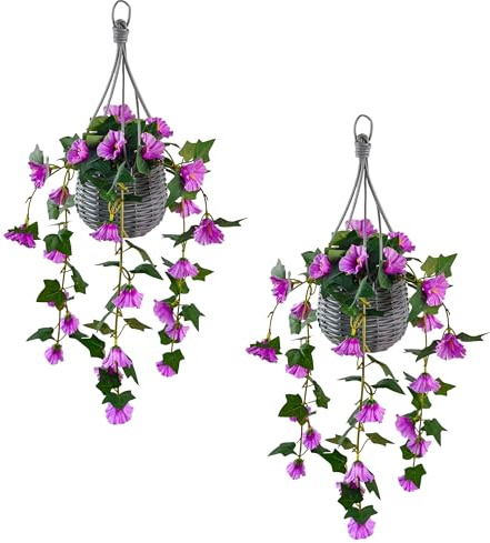 GOVIRAYE Artificial Hanging Flower Basket Set of 2, Faux Trailing Flowers with Ivy, Realistic Spring Summer Hanging Plants for Indoor Outdoor Garden, Balcony & Home Decor